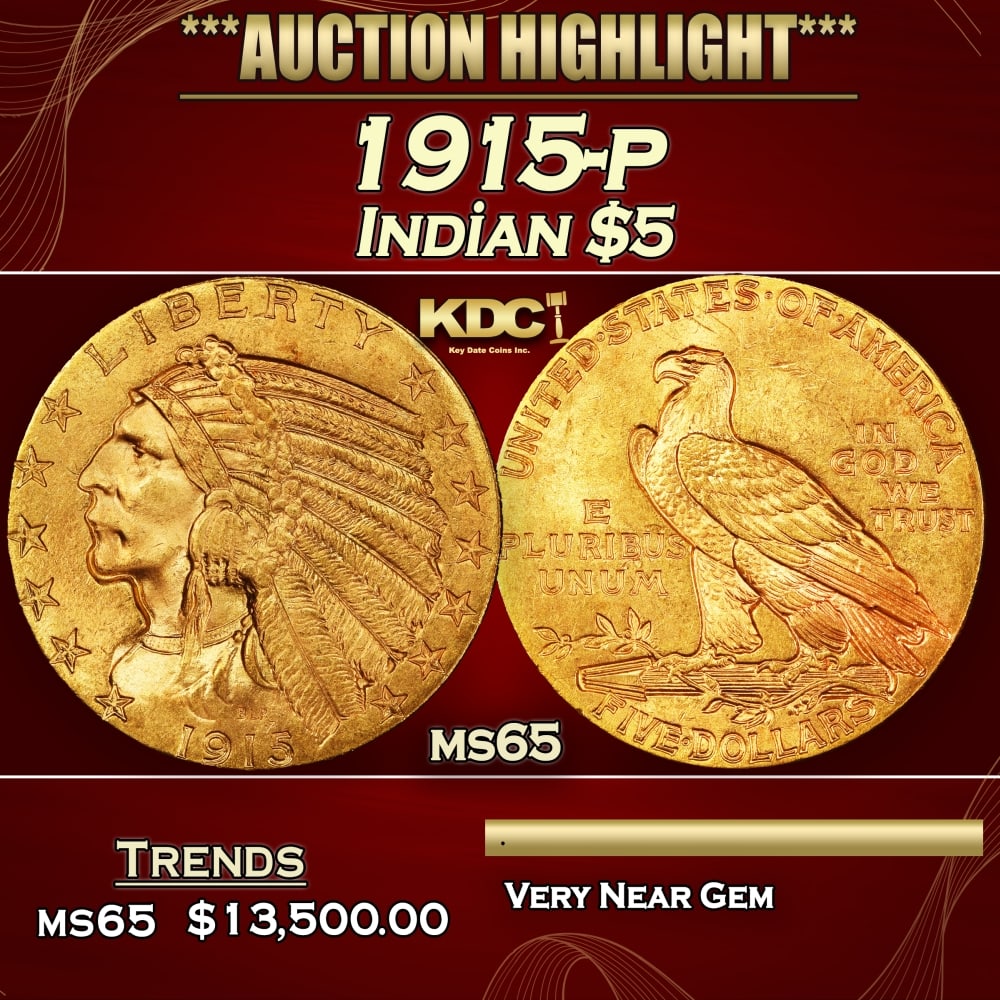 1915-p Gold Indian Half Eagle $5 ms64+ USCG (1 of 4)