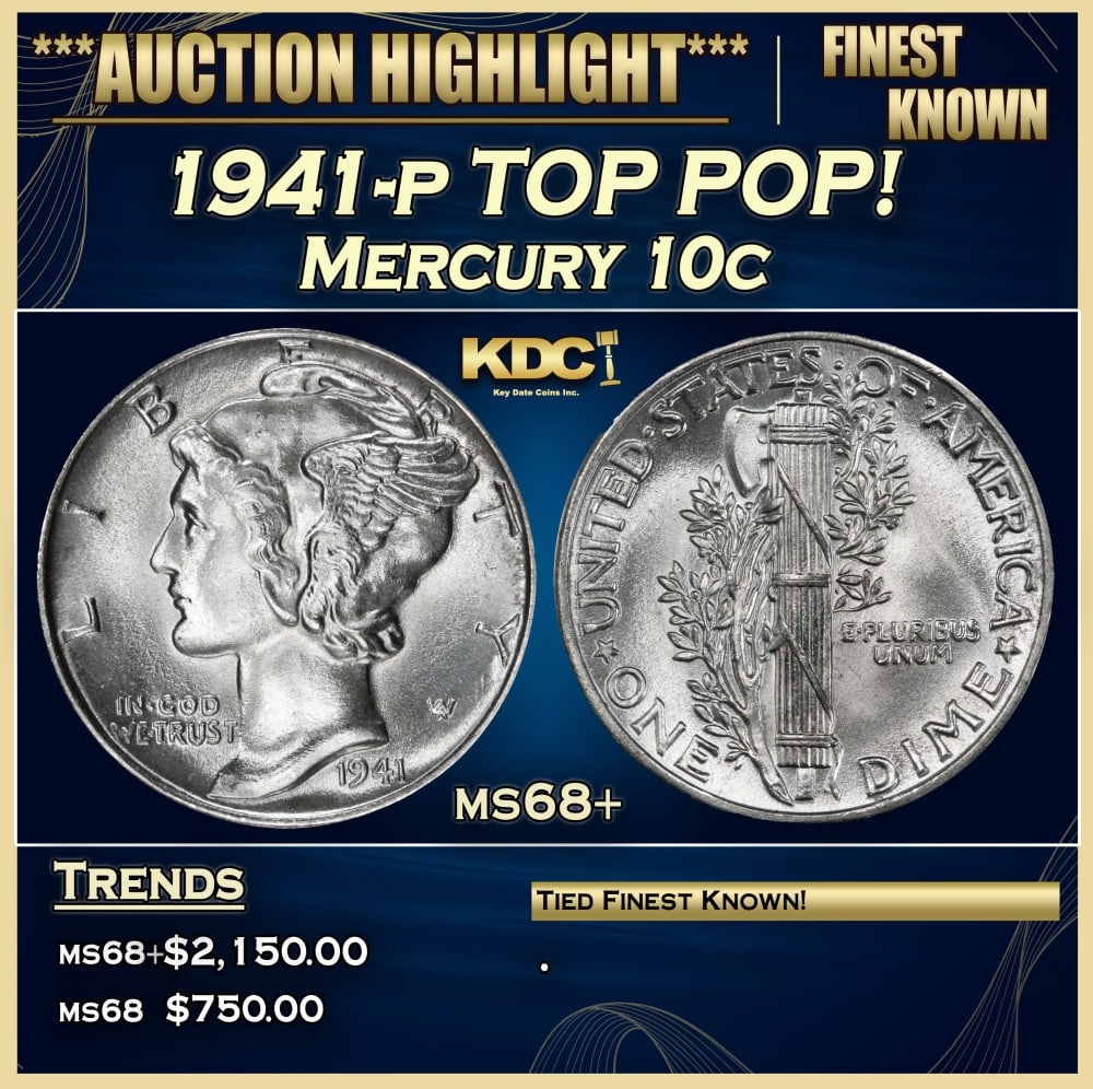 1941-p Mercury Dime TOP POP! 10c ms68+ SEGS: 1941-p TOP POP! Mercury Dime 10c ms68+ SEGS. 0
