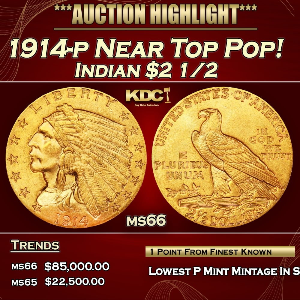 1914-p Gold Indian Quarter Eagle Near Top Pop! $2 1/2 ms66 USCG (1 of 4)