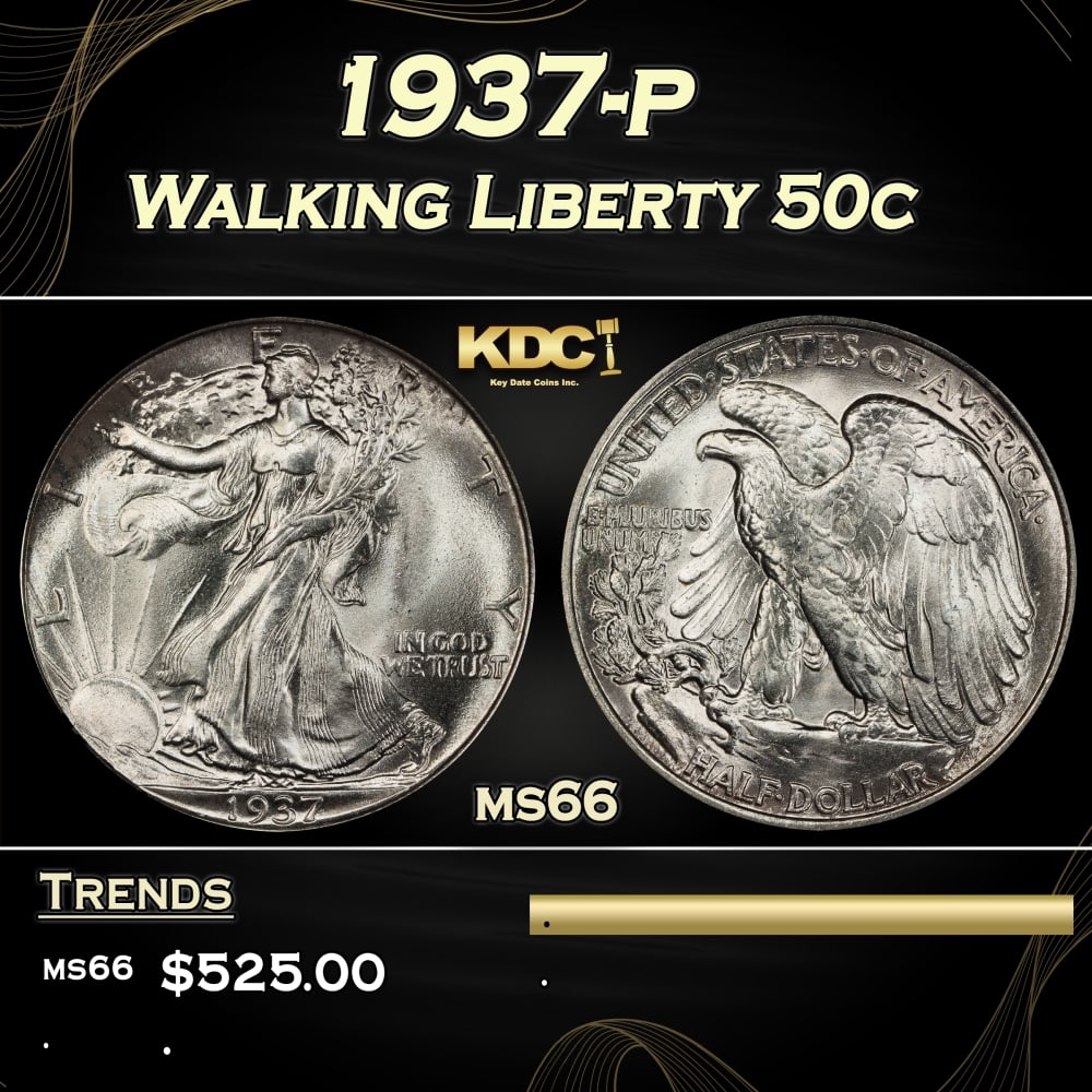 1937-p Walking Liberty Half Dollar 50c Grades ms66 (1 of 3)