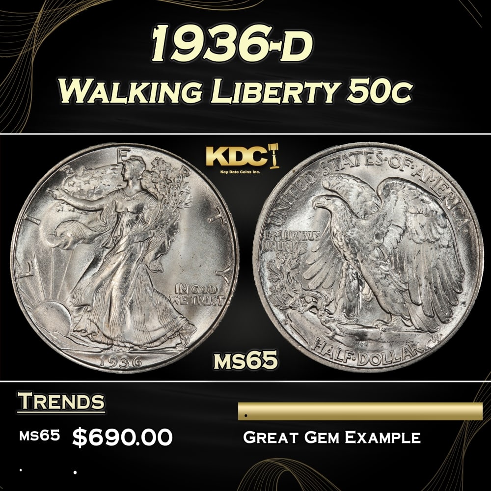 1936-d Walking Liberty Half Dollar 50c Grades ms65 (1 of 3)