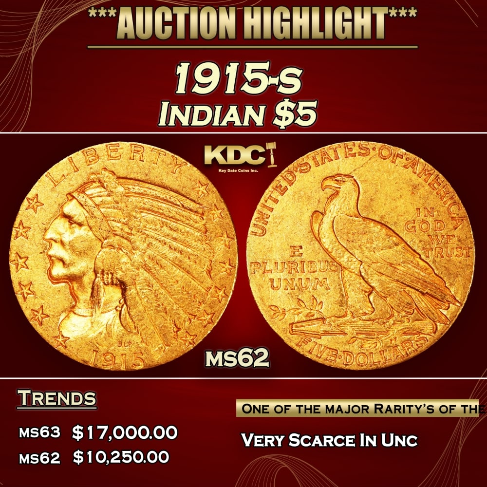 1915-s Gold Indian Half Eagle $5 ms62 USCG (1 of 4)