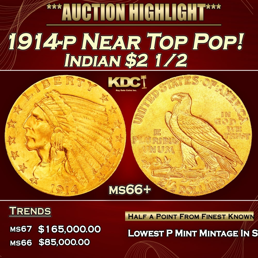 1914-p Gold Indian Quarter Eagle Near Top Pop! $2 1/2 ms66+ USCG (1 of 4)