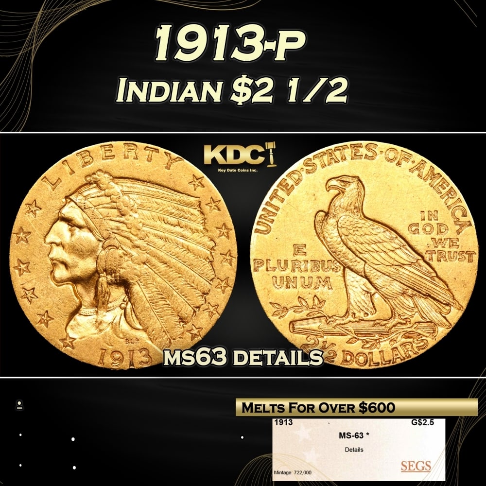 1913-p Gold Indian Quarter Eagle $2 1/2 ms63 details SEGS (1 of 4)