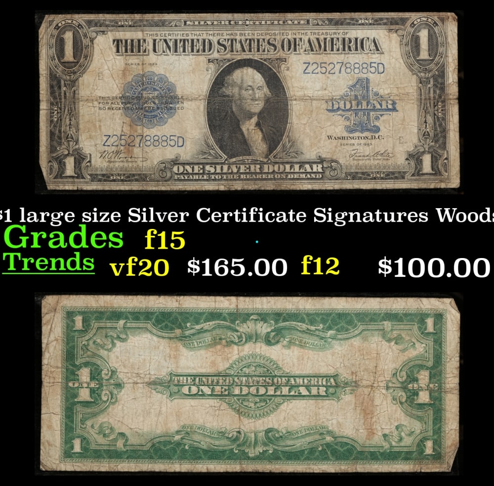 1923 $1 large size Silver Certificate Grades f+ Signatures Woods/White: 1923 $1 large size Silver Certificate Grades f+ Signatures Woods/White. Fr-238 The term “horse blanket” gets used a lot when talking about large size currency. It is most frequently used to de