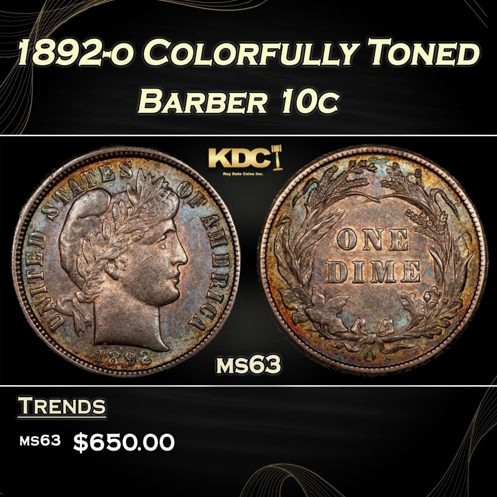 1892-o Barber Dime Colorfully Toned 10c Grades ms63 (1 of 3)