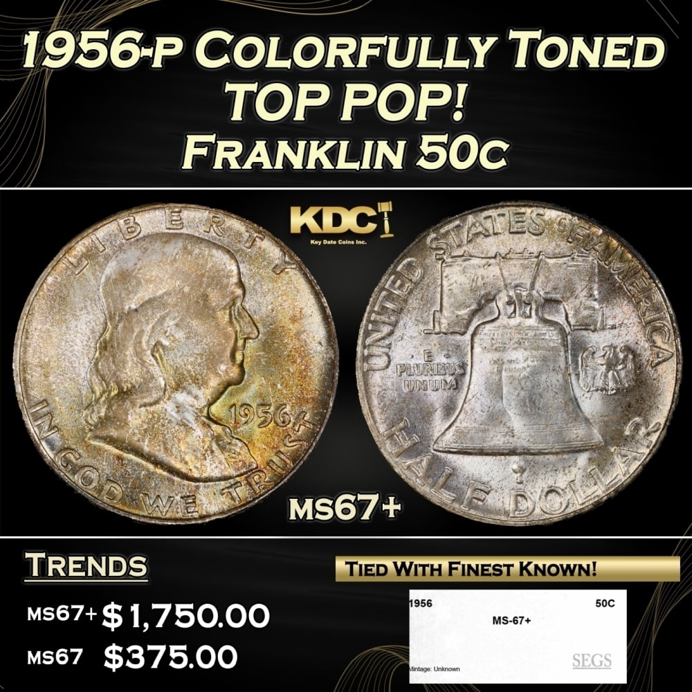 1956-p Franklin Half Dollar Colorfully Toned TOP POP! 50c ms67+ SEGS (1 of 4)