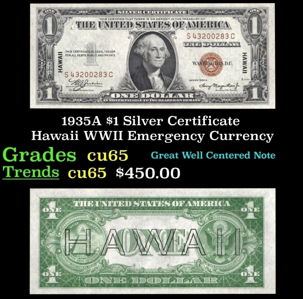 1935A $1 Silver Certificate Hawaii WWII Emergency Currency Grades Gem CU: 1935A $1 Silver Certificate Hawaii WWII Emergency Currency Grades Gem CU.
