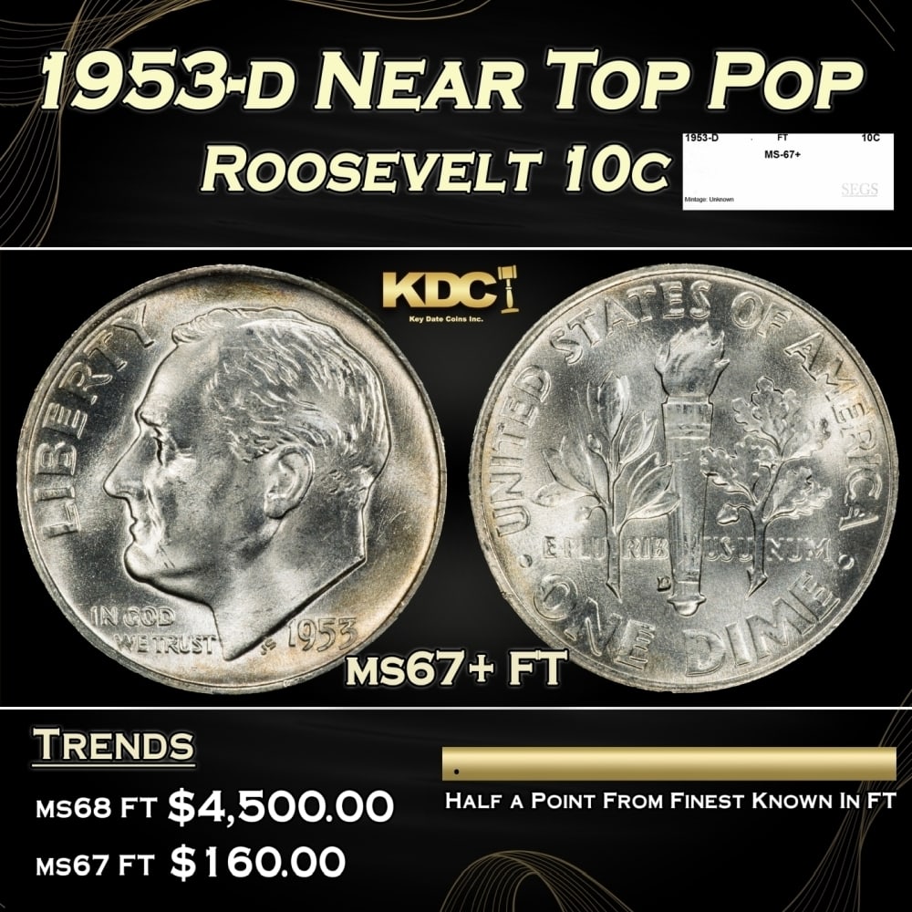 1953-d Roosevelt Dime Near Top Pop 10c ms67+ FT SEGS (1 of 4)