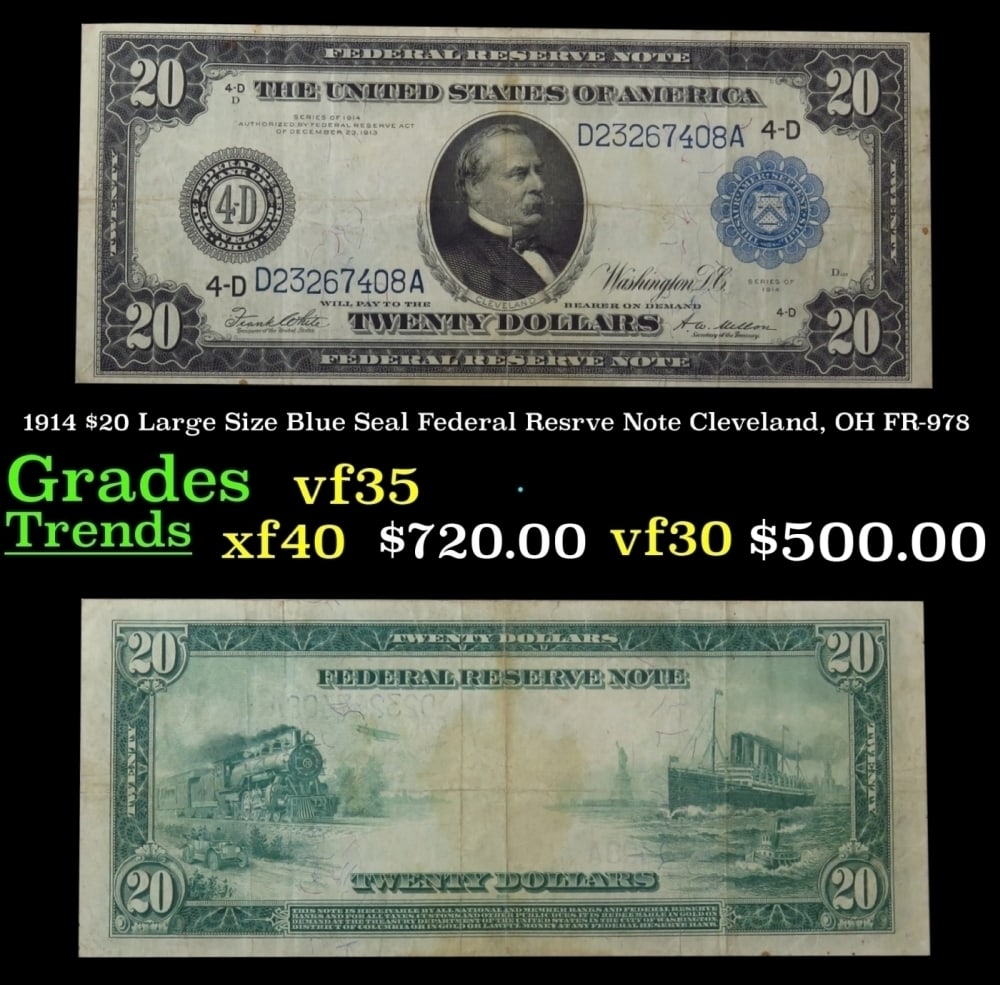 1914 $20 Large Size Blue Seal Federal Resrve Note Cleveland, OH Grades vf++ FR-978 (1 of 3)