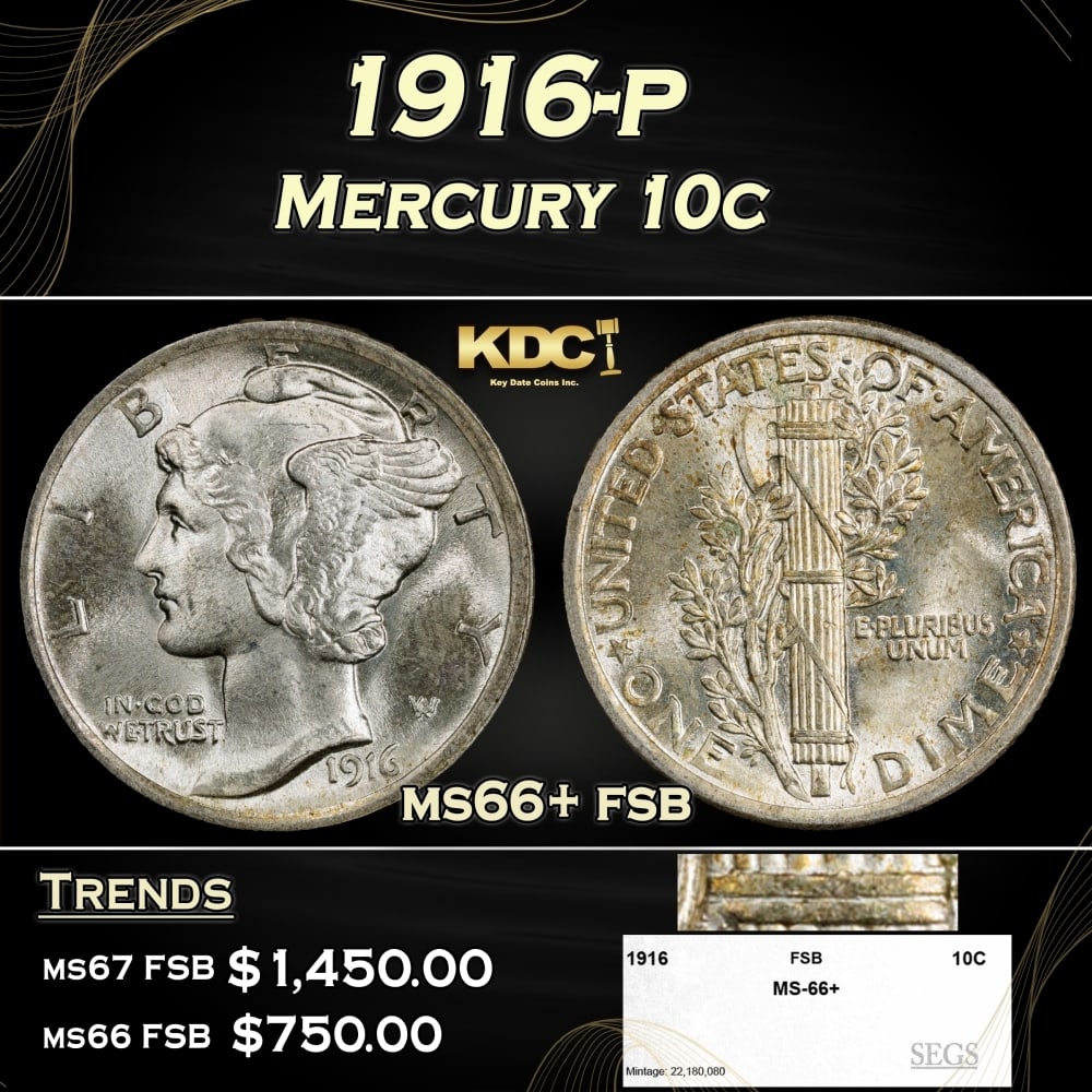 1916-p Mercury Dime 10c ms66+ fsb SEGS (1 of 4)