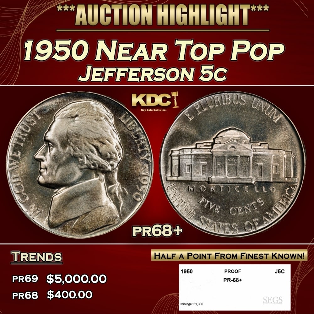 1950 Proof Jefferson Nickel Near Top Pop 5c pr68+ SEGS (1 of 4)