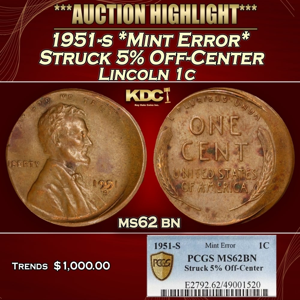 PCGS 1951-s *Mint Error* Struck 5% Off-Center Lincoln Cent 1c ms62 bn PCGS (1 of 4)