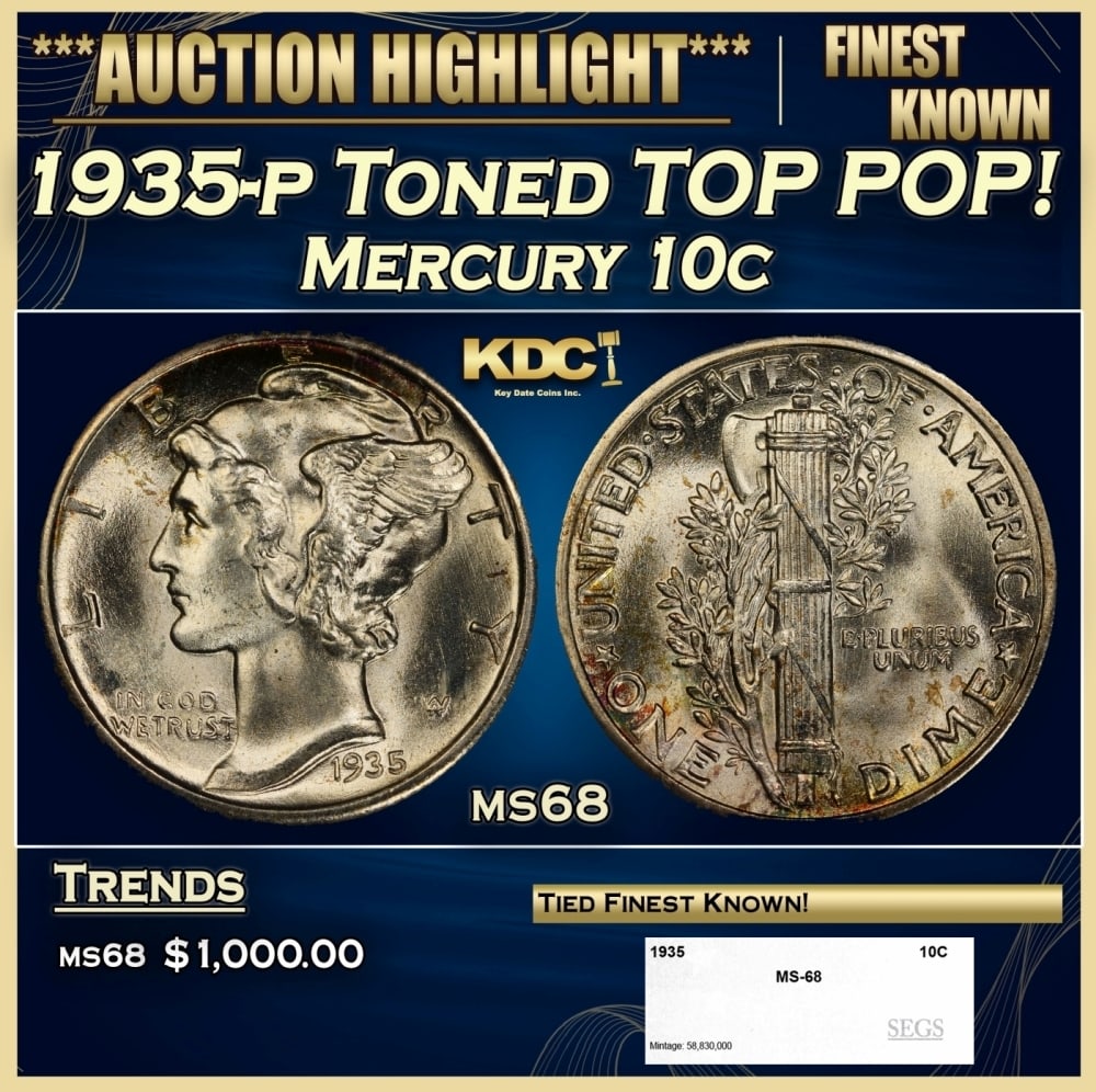 1935-p Mercury Dime Toned TOP POP! 10c ms68 SEGS: 1935-p Toned TOP POP! Mercury Dime 10c ms68 SEGS. 0
