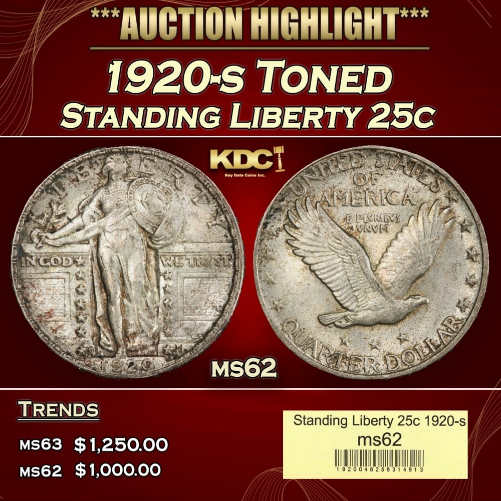 1920-s Standing Liberty Quarter Toned 25c ms62 USCG (1 of 4)
