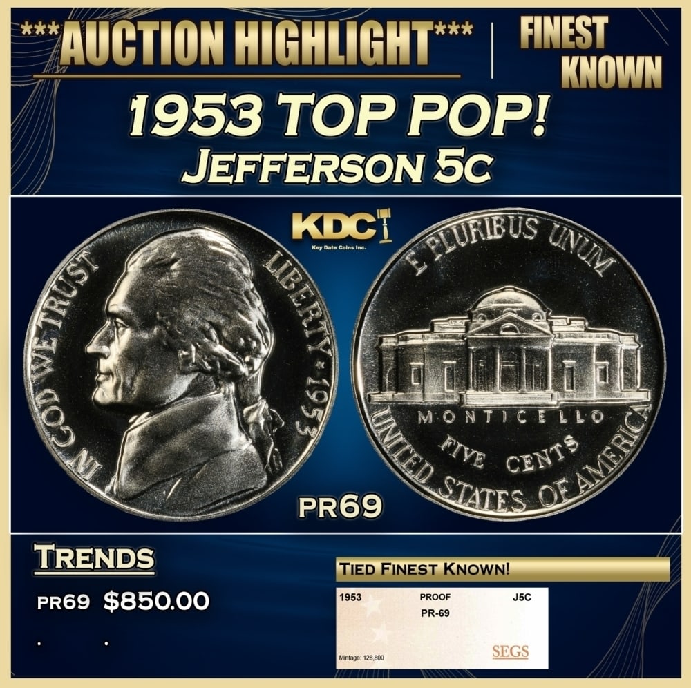 1953 Proof Jefferson Nickel TOP POP! 5c pr69 SEGS: 1953 TOP POP! Jefferson Nickel 5c pr69 SEGS. 0