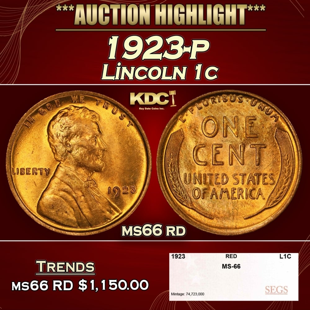 1923-p Lincoln Cent 1c ms66 rd SEGS (1 of 4)