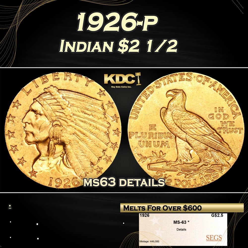 1926-p Gold Indian Quarter Eagle $2 1/2 ms63 details SEGS: 1926-p Gold Indian Quarter Eagle $2 1/2 ms63 details SEGS. 0