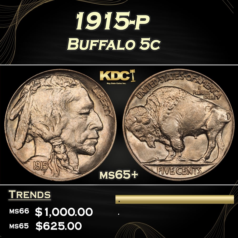 1915-p Buffalo Nickel 5c Grades ms65+ (1 of 3)
