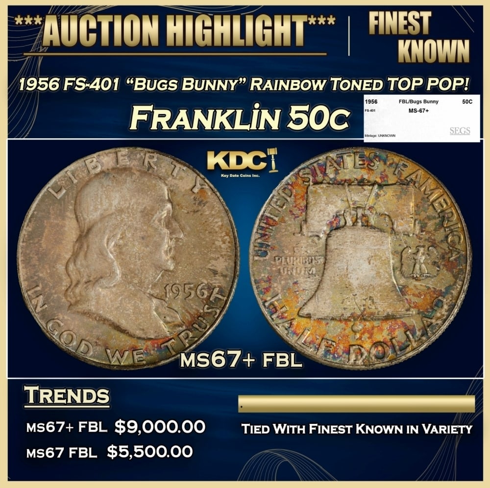 1956 FS-401 "Bugs Bunny" Franklin Half Dollar Rainbow Toned TOP POP! 50c ms67+ fbl SEGS: 1956 FS-401 "Bugs Bunny" Rainbow Toned TOP POP! Franklin Half Dollar 50c ms67+ fbl SEGS. 0