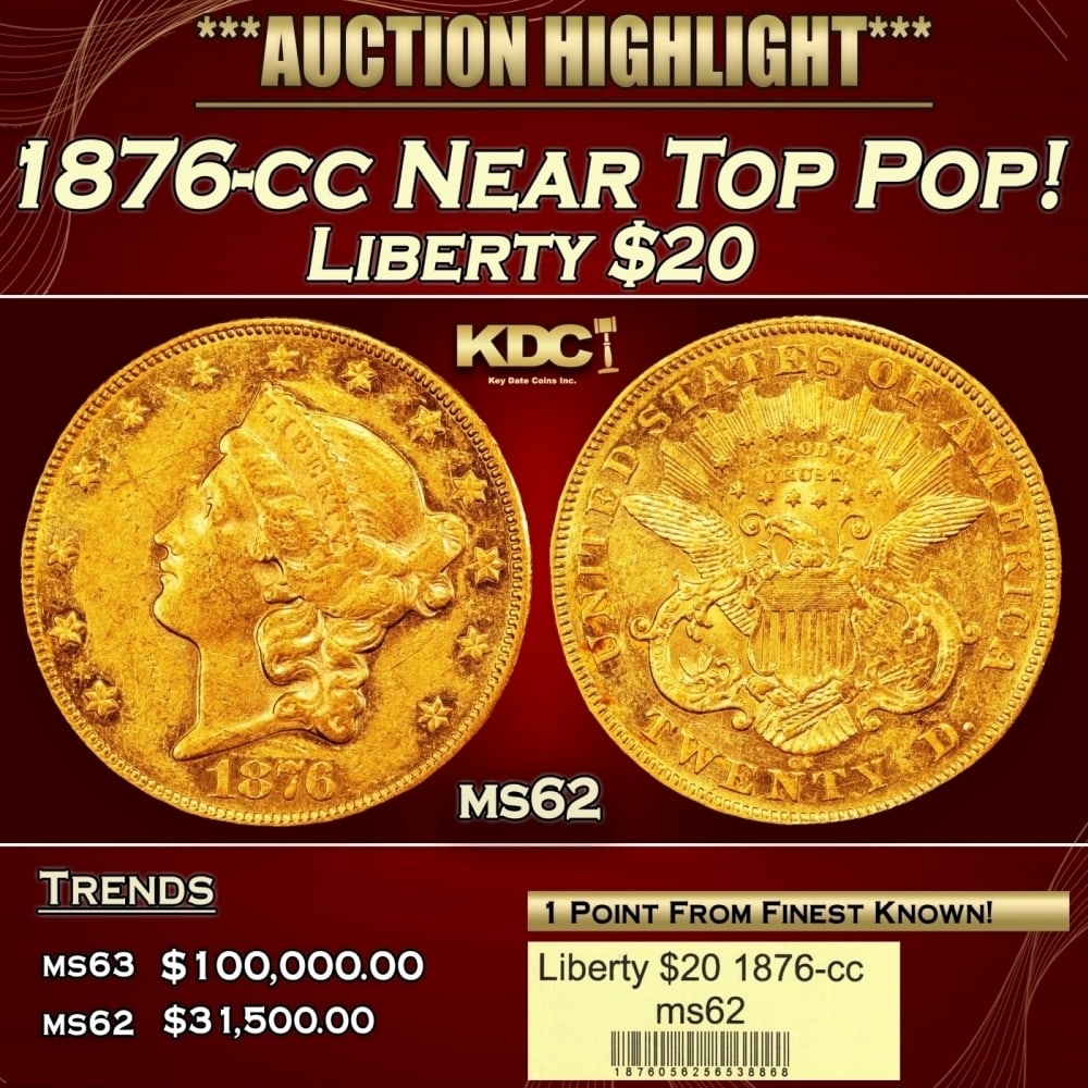 1876-cc Gold Liberty Double Eagle Near Top Pop! $20 ms62 USCG: 1876-cc Near Top Pop! Gold Liberty Double Eagle $20 ms62 USCG. 0