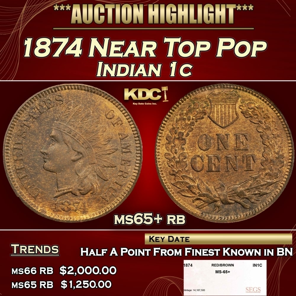 1874 Indian Cent Near Top Pop 1c ms65+ rb SEGS (1 of 4)