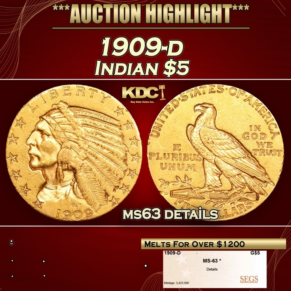 1909-d Gold Indian Half Eagle $5 ms63 details SEGS (1 of 4)