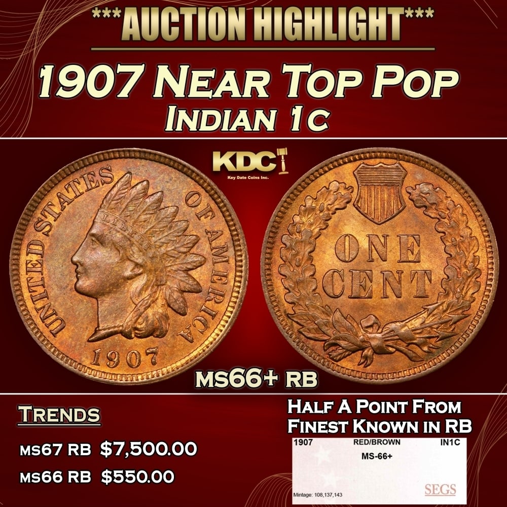 1907 Indian Cent Near Top Pop 1c ms66+ rb SEGS (1 of 4)