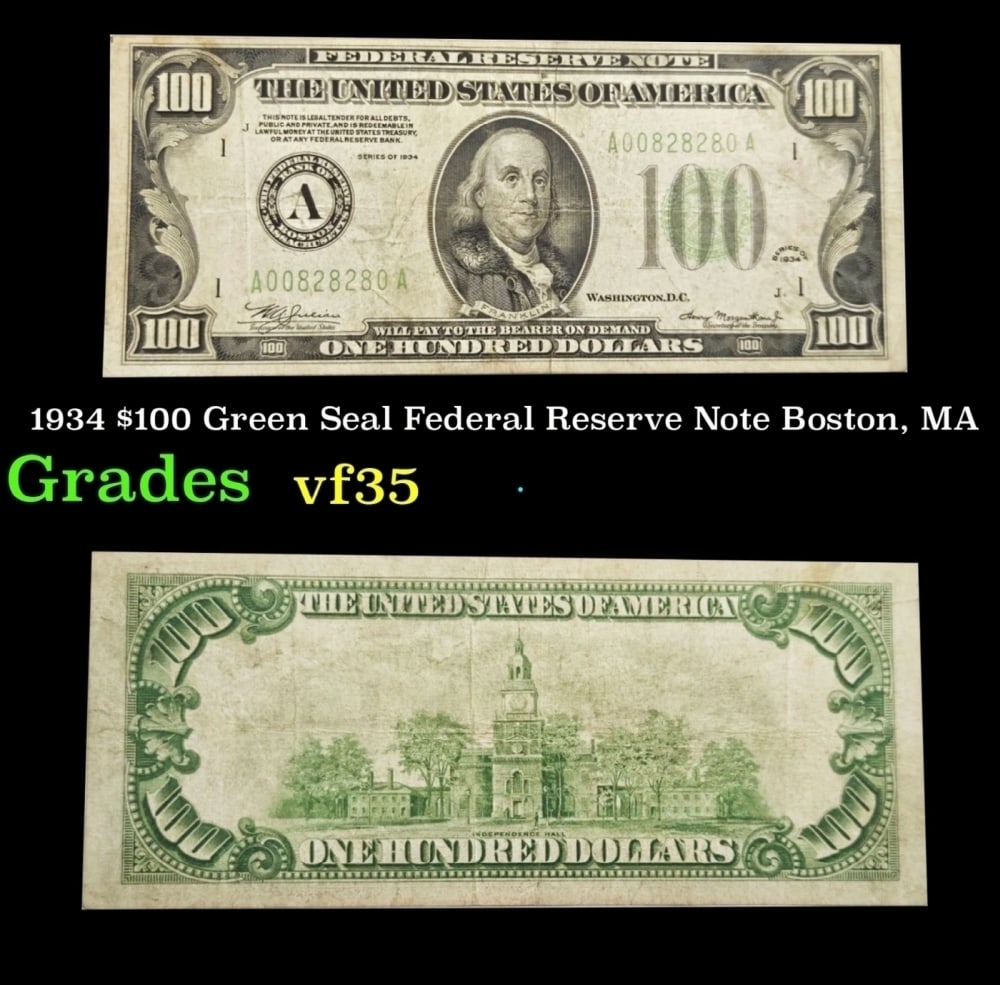 1934 $100 Green Seal Federal Reserve Note Boston, MA Grades vf++ (1 of 3)