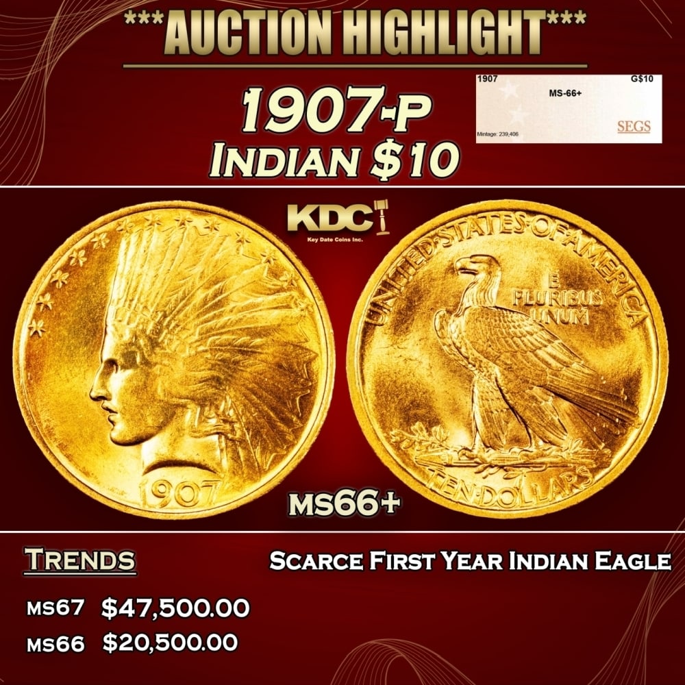 1907-p Gold Indian Eagle $10 ms66+ SEGS (1 of 4)