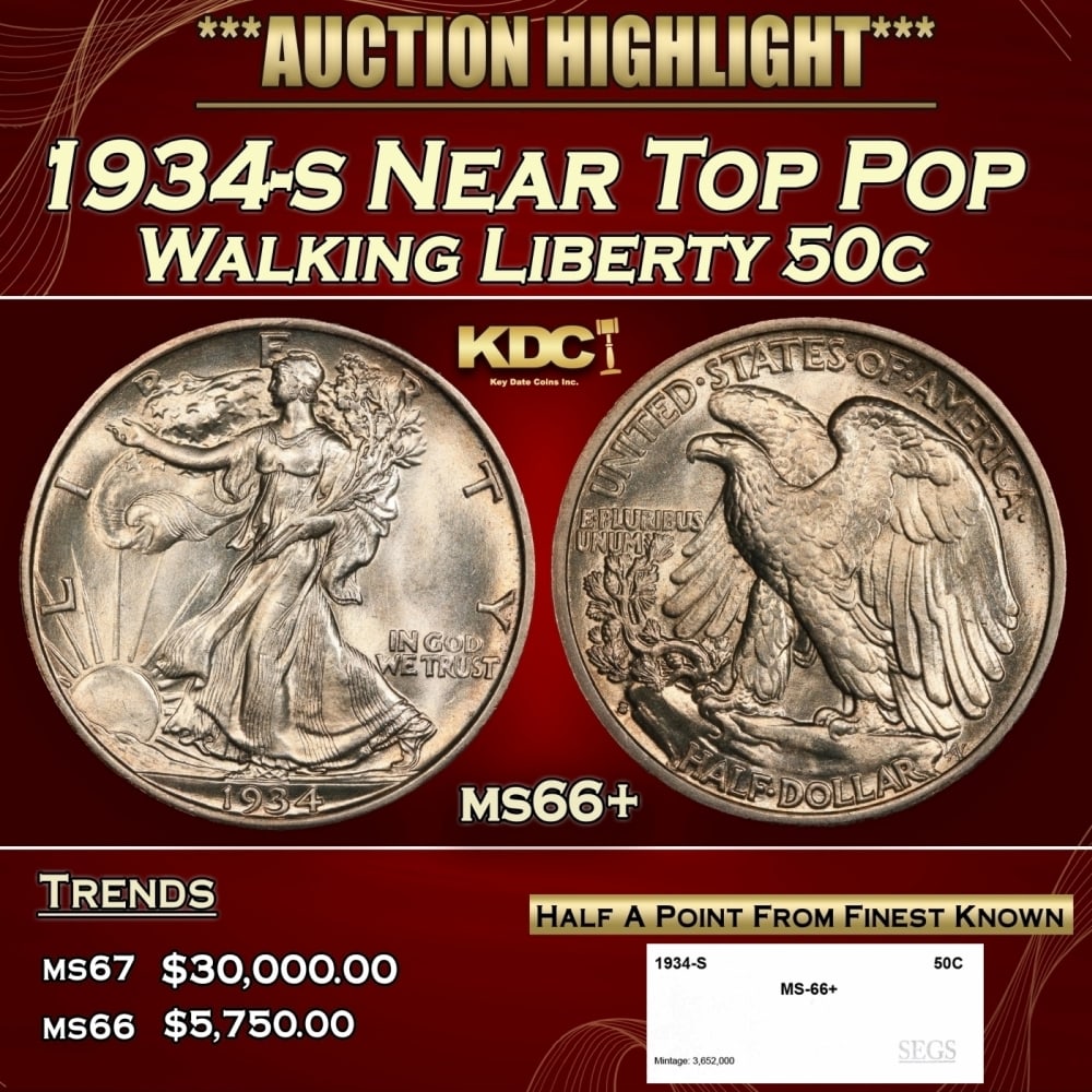 1934-s Walking Liberty Half Dollar Near Top Pop 50c ms66+ SEGS: 1934-s Near Top Pop Walking Liberty Half Dollar 50c ms66+ SEGS. 0