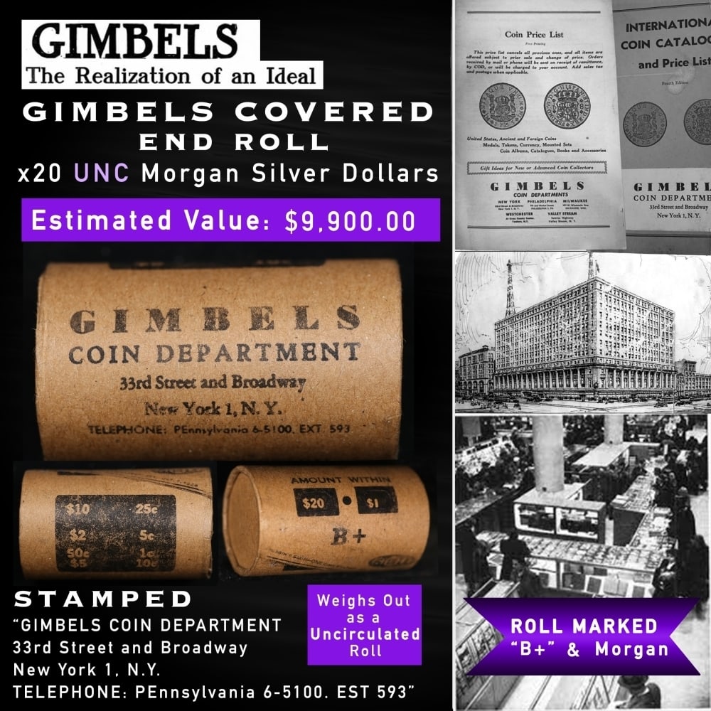 GIMBLES Unc Morgan Roll 20 Coin B+ Condition: GIMBLES Unc Morgan Roll 20 Coin B+ Condition. Up For Auction is a 134- GIMBLES Unc Morgan Roll 20 Coin B+ Condition Roll Weighing 537.5 g Based On this weight this is a UNC Roll We are very excited to