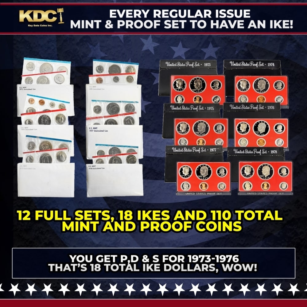 Full Ike Dollar Mint And Proof Sets 1973-1978, 12 Sets 110 Coins, 18 IKES: Full Ike Dollar Mint And Proof Sets 1973-1978, 12 Sets 110 Coins, 18 IKES.