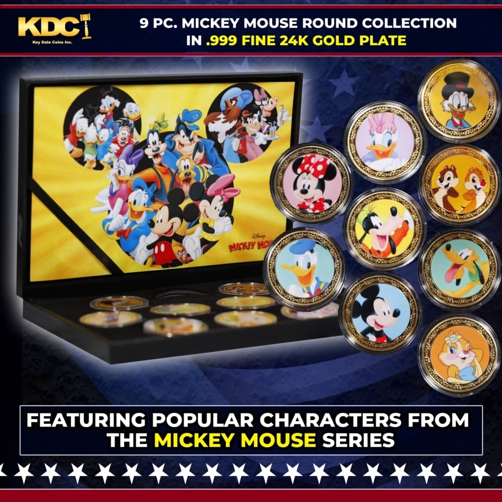 9 Coin Mickey Mouse & Friends Gold Plated Round Collection In Custom Box W/ Special Backer card: 9 Coin Mickey Mouse & Friends Gold Plated Round Collection In Custom Box W/ Special Backer card. Please Note All Backer Cards may have slight differences but will be very similar if not identical to t