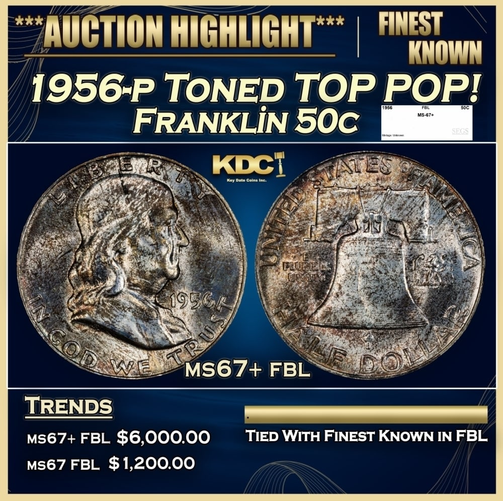 1956-p Franklin Half Dollar Toned TOP POP! 50c ms67+ fbl SEGS: 1956-p Toned TOP POP! Franklin Half Dollar 50c ms67+ fbl SEGS. A Key Date's Pick, Bid to Win, Don't let it get Away, you might not find its equal Coin