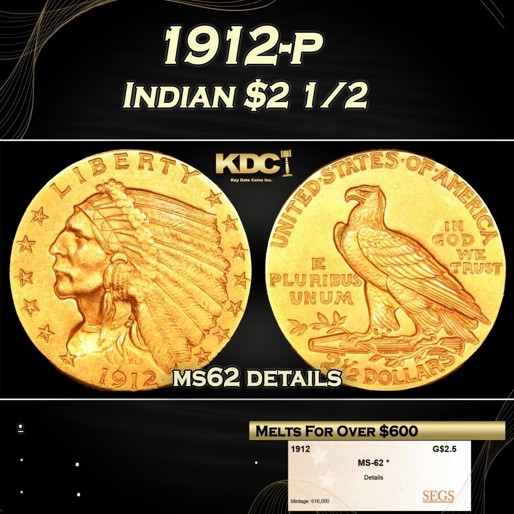 1912-p Gold Indian Quarter Eagle $2 1/2 ms62 details SEGS (1 of 4)