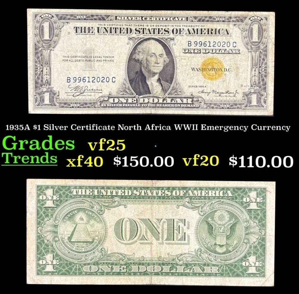 1935A $1 Silver Certificate North Africa WWII Emergency Currency Grades vf+: 1935A $1 Silver Certificate North Africa WWII Emergency Currency Grades vf+. FR-2306 Signatures of Julian & Morgenthau. It was the darkest days of World War II, just after Pearl Harbor. Were the Nazis