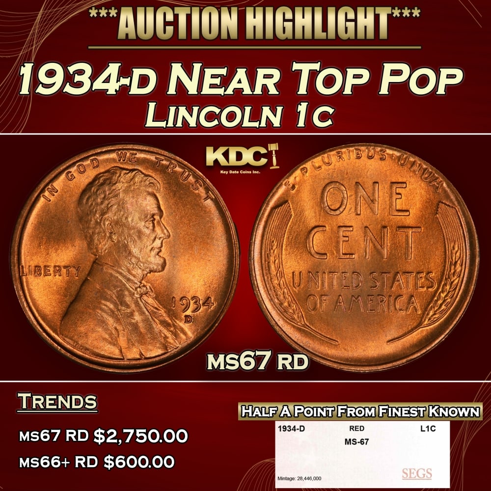 1934-d Lincoln Cent Near Top Pop 1c ms67 rd SEGS: 1934-d Near Top Pop Lincoln Cent 1c ms67 rd SEGS. 0