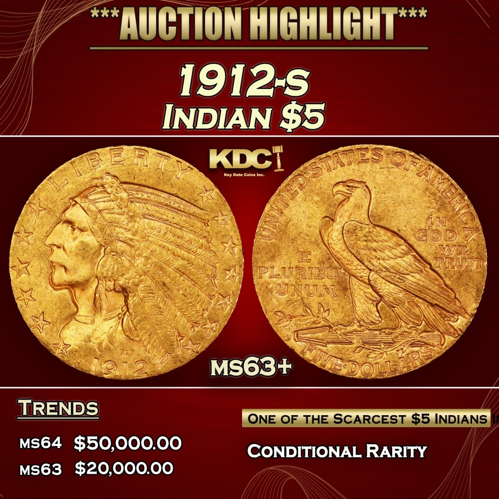 1912-s Gold Indian Half Eagle $5 ms63+ USCG (1 of 4)