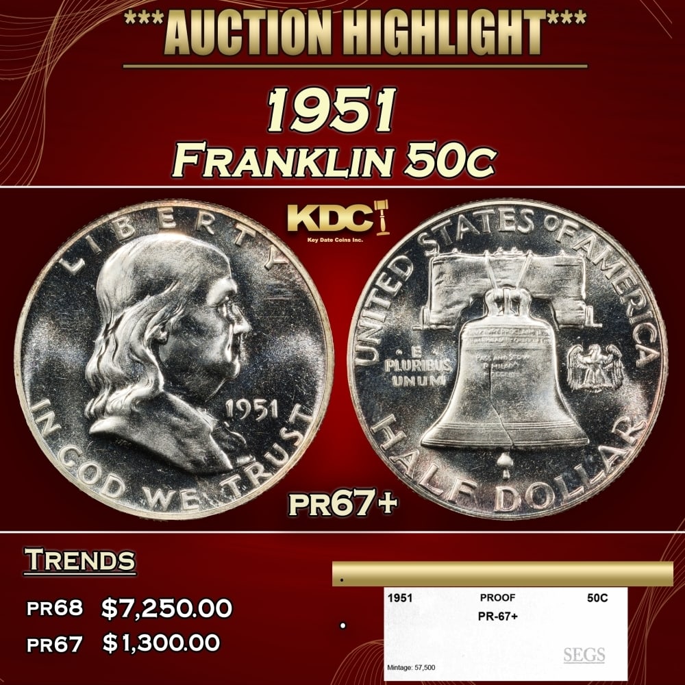 1951 Proof Franklin Half Dollar 50c pr67+ SEGS (1 of 4)