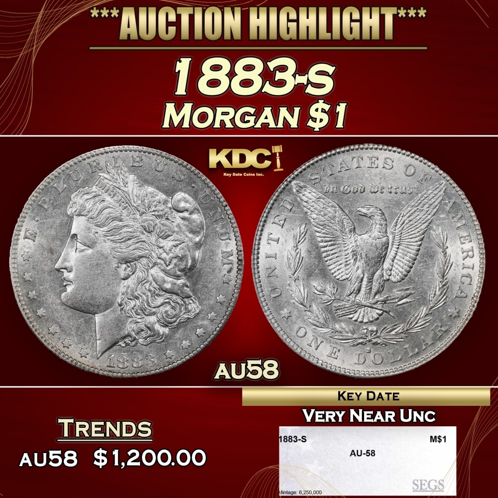 1883-s Morgan Dollar $1 au58 SEGS: 1883-s Morgan Dollar $1 au58 SEGS. 0