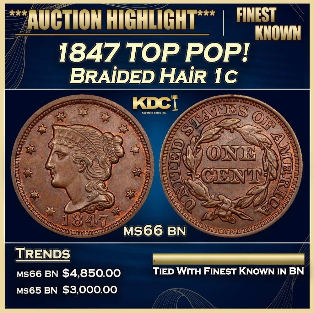 1847 Braided Hair Large Cent TOP POP! 1c Grades ms66 bn: 1847 TOP POP! Braided Hair Large Cent 1c Grades ms66 bn. 0