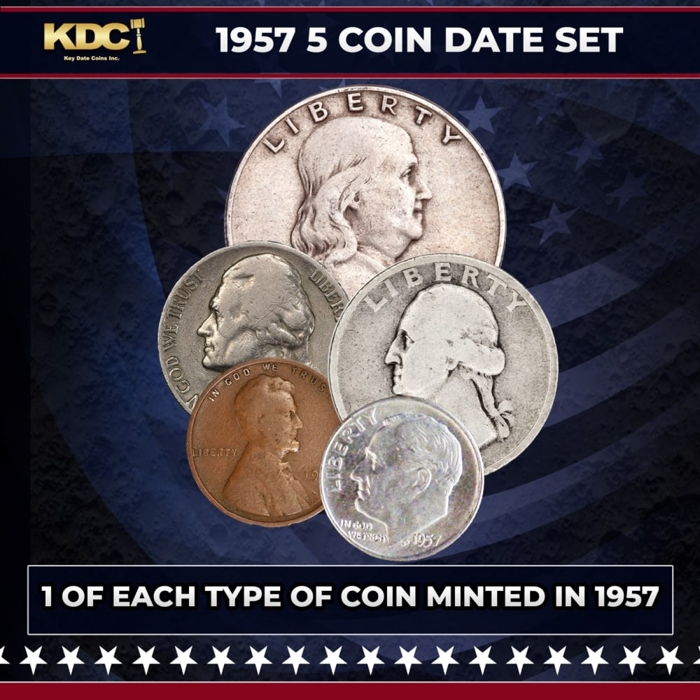 1957 5 Coin Date Set, 1 Of Each Type Of Coin Minted in 1957: 1957 5 Coin Date Set, 1 Of Each Type Of Coin Minted in 1957. Please Note All Backer Cards may have slight differences but will be very similar if not identical to the one in the photo