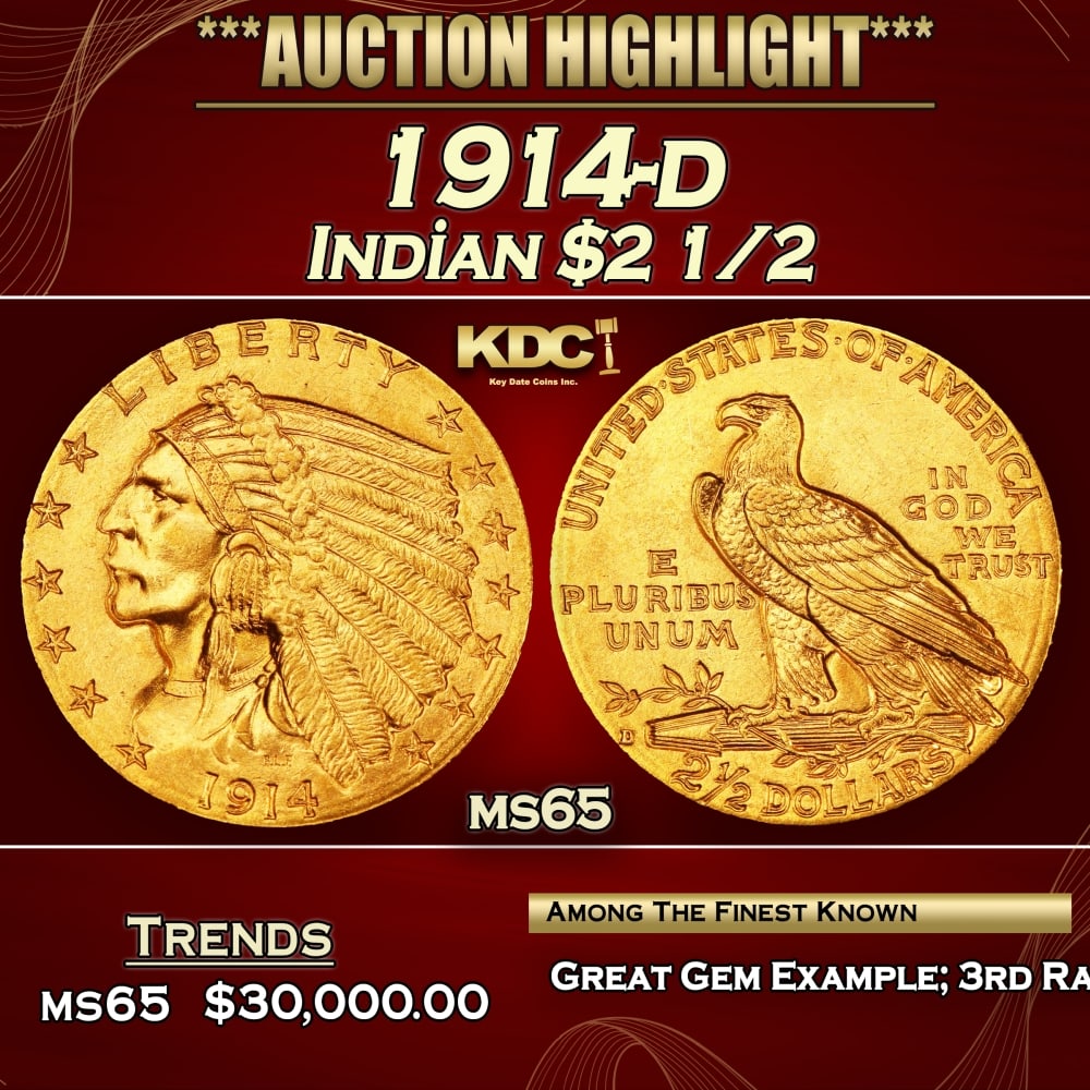 1914-d Gold Indian Quarter Eagle $2 1/2 ms65 SEGS: 1914-d Gold Indian Quarter Eagle $2 1/2 ms65 SEGS. Per David Akers Of PCGS "he 1914-D is the third rarest issue of the series but there is more of a difference in rarity between it and the two dates a