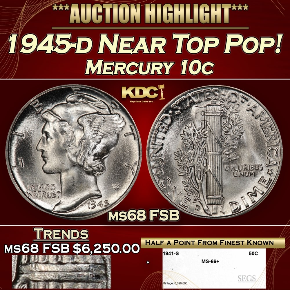 1945-d Mercury Dime Near Top Pop! 10c ms68 FSB SEGS: 1945-d Near Top Pop! Mercury Dime 10c ms68 FSB SEGS. 0