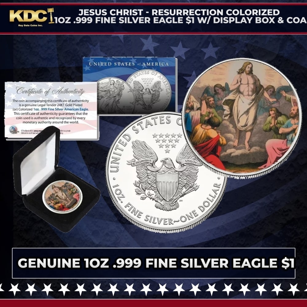Jesus Christ - Resurrection Colorized 1oz .999 Fine Silver Eagle $1 w/ Display Box & COA Other Toy: Jesus Christ - Resurrection Colorized 1oz .999 Fine Silver Eagle $1 w/ Display Box & COA. Here’s your chance to own a stunning JESUS CHRIST - RESURRECTION colorized American Silver Eagle Dollar coin