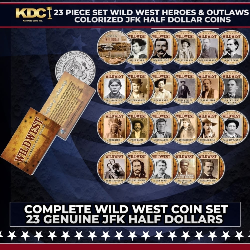 23 Piece Set Wild West Heroes & Outlaws Colorized JFK Half Dollar Coins Other Toy: 23 Piece Set Wild West Heroes & Outlaws Colorized JFK Half Dollar Coins. This collection represents the most extensive assortment of Old West themed coins ever put together, showcasing the most iconic
