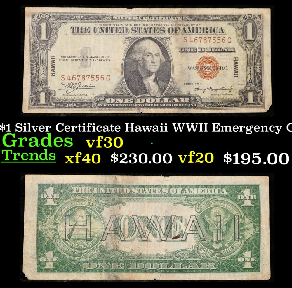 1935A $1 Silver Certificate Hawaii WWII Emergency Currency Grades vf++: 1935A $1 Silver Certificate Hawaii WWII Emergency Currency Grades vf++. FR-2300 Signatures of Julian & Morgenthau WWII Emergency Currency. It was the darkest days of World War II, just after Pearl Har
