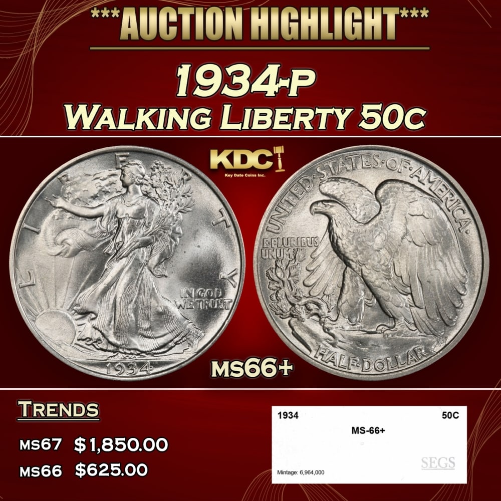 1934-p Walking Liberty Half Dollar 50c ms66+ SEGS: 1934-p Walking Liberty Half Dollar 50c ms66+ SEGS. 0