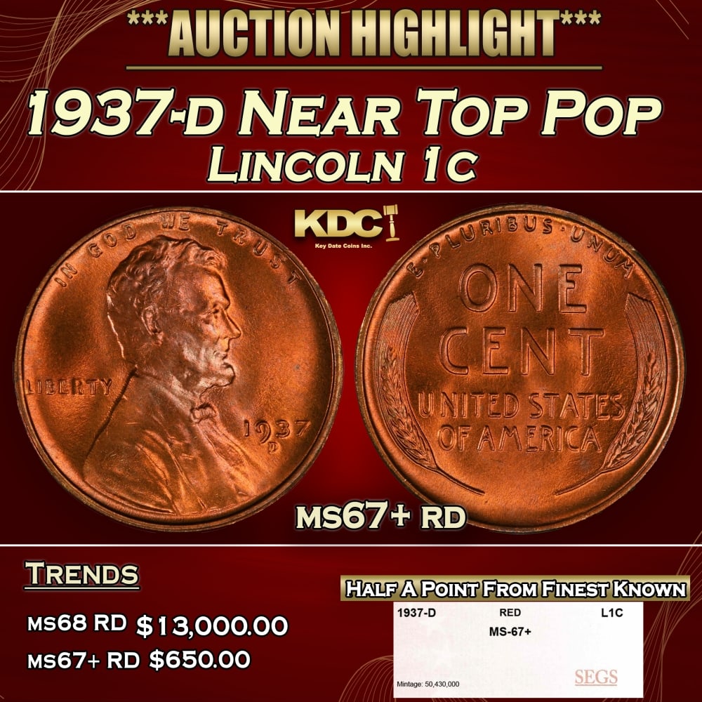 1937-d Lincoln Cent Near Top Pop 1c ms67+ rd SEGS: 1937-d Near Top Pop Lincoln Cent 1c ms67+ rd SEGS. 0